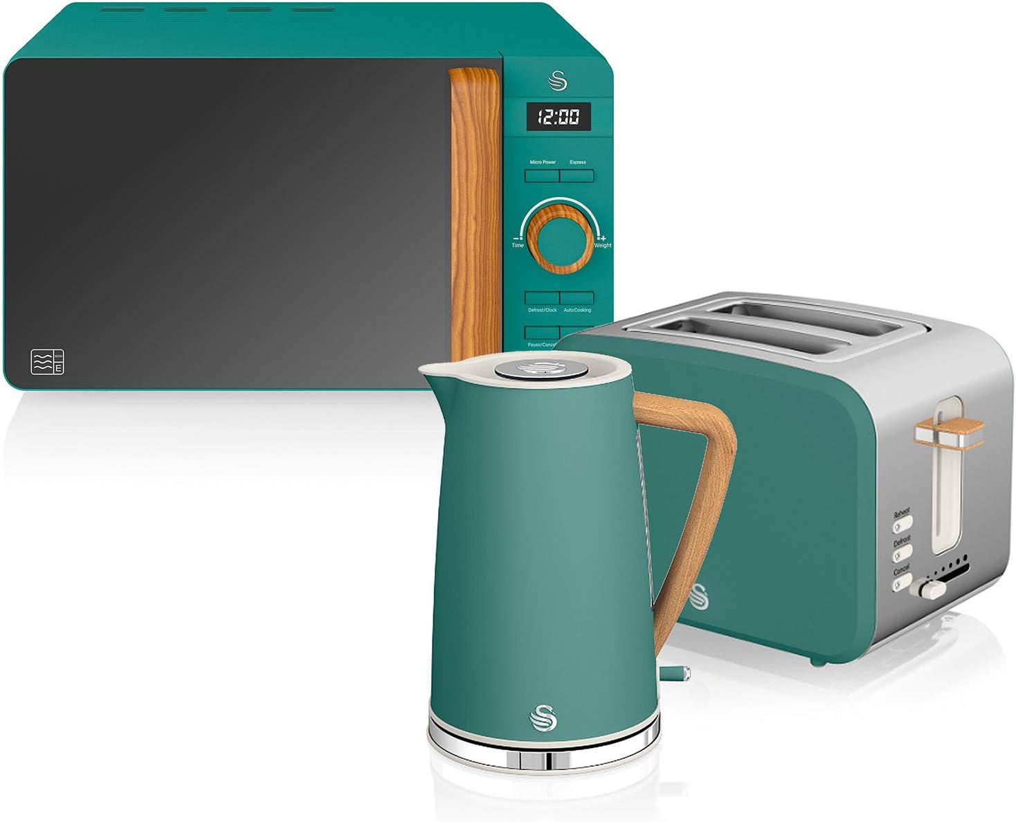 Swan Nordic Set Colazione Bollitore 1,7L 2200W, Tostapane Pane con scanalatura larga 2 fette, Microonde 20L Digitale Design Moderno Effetto Legno Verde