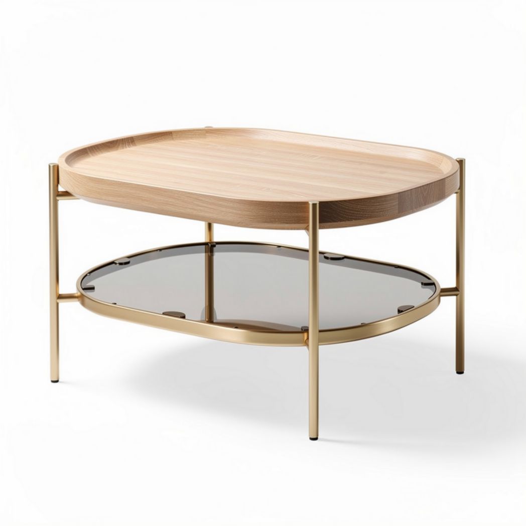 Tavolino da caffè in legno e vetro per soggiorno - 80 x 50 x 45 cm