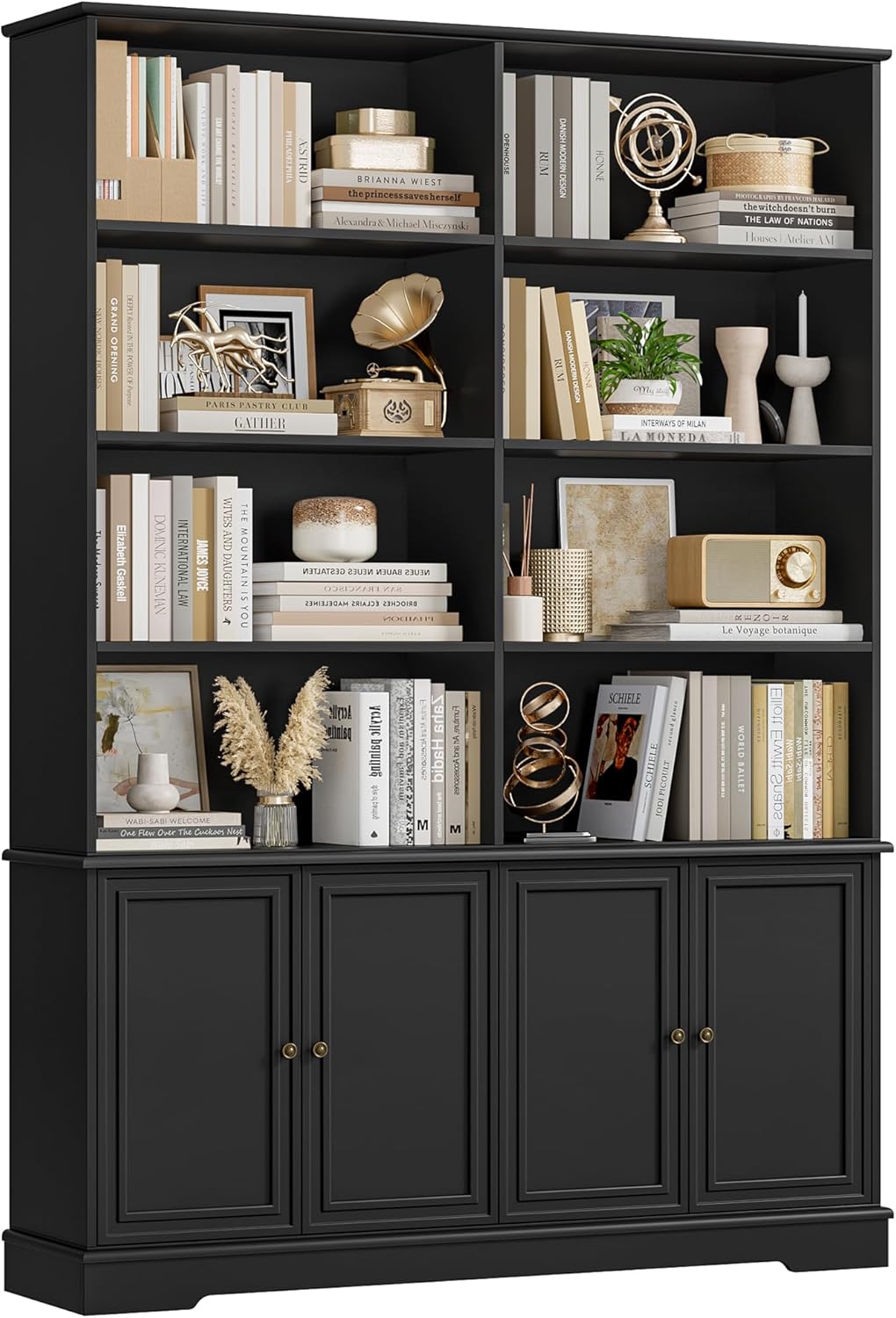 FirFurd Libreria, Libreria Verticale con 8 Scomparti Aperti, Scaffale Legno con 4 Ante, Librerie Grande, Scaffalatura Portaoggetti, per Studio, Soggiorno, Ufficio, 120x27x185cm (Nero)