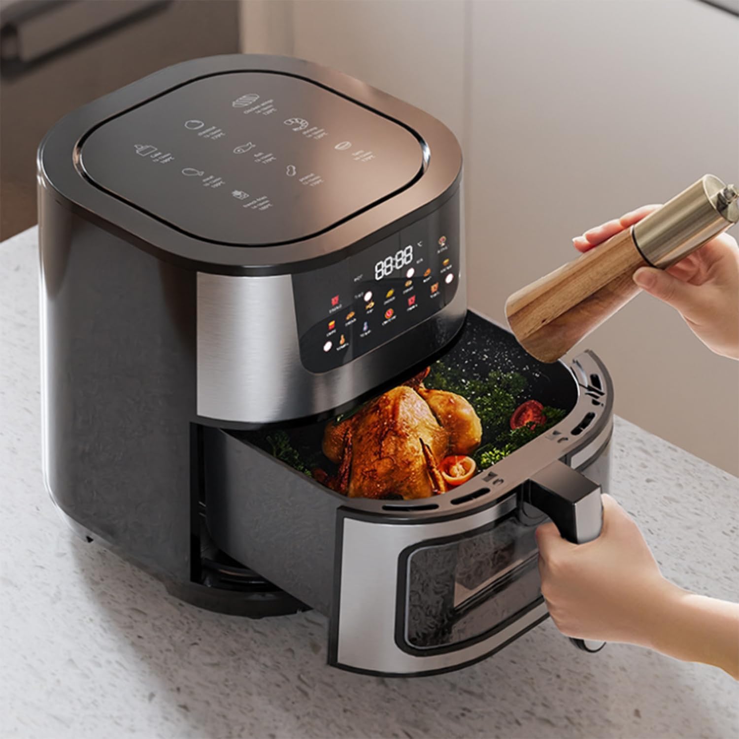 Friggitrice ad Aria 15,85 QT, friggitrice Digitale con programmi preimpostati e Finestra visibile, cestello Antiaderente e Lavabile in lavastoviglie, friggere ad Aria, arrostire, 2400 W