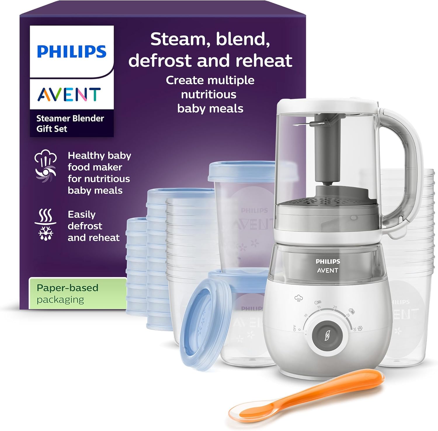 Avent Steamer Blender Gift Set - EasyPappa 4 in 1, cuoci a vapore, frulla, scongela e riscalda facilmente le pappe, con vasetti e coperchi, SCF883/20