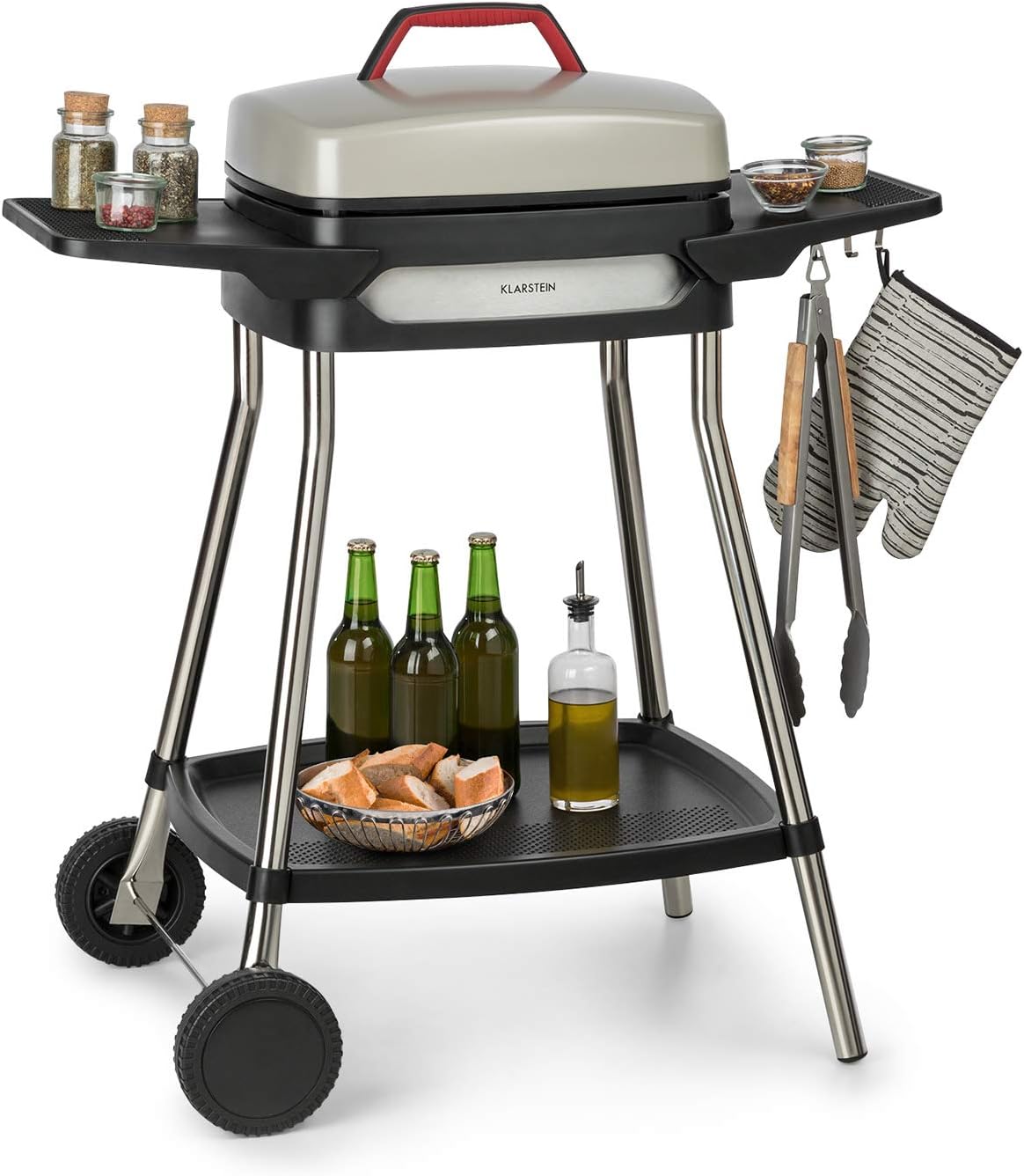 KLARSTEIN Gatsby - Grill Elettrico, 2000W, EasyGrill Concept, Piastra: 40x36 cm in Alluminio Pressofuso Antiaderente, Tavoli Laterali: 20 x 32 cm, Termostato, Ruote, Beige/Nero