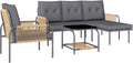 Outsunny 4 Piece Rattan Garden Furniture Set, Outdoor Living Room with 2 Seater Sofa, Armchair, Chaise Longue with Washable Cushions and Glass Table, Outdoor Garden Set, Dark Grey