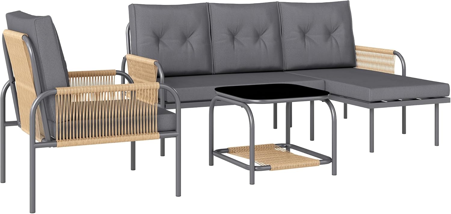Outsunny 4 Piece Rattan Garden Furniture Set, Outdoor Living Room with 2 Seater Sofa, Armchair, Chaise Longue with Washable Cushions and Glass Table, Outdoor Garden Set, Dark Grey