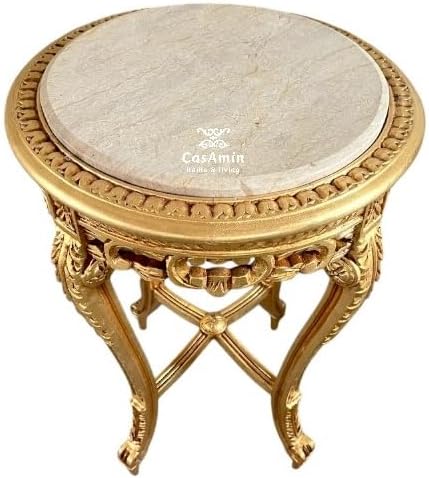 CasAmin Home  Living Tavolino rotondo in legno stile retrò barocco realizzato a mano con piano in marmo, tavolino da tè per decorazione soggiorno