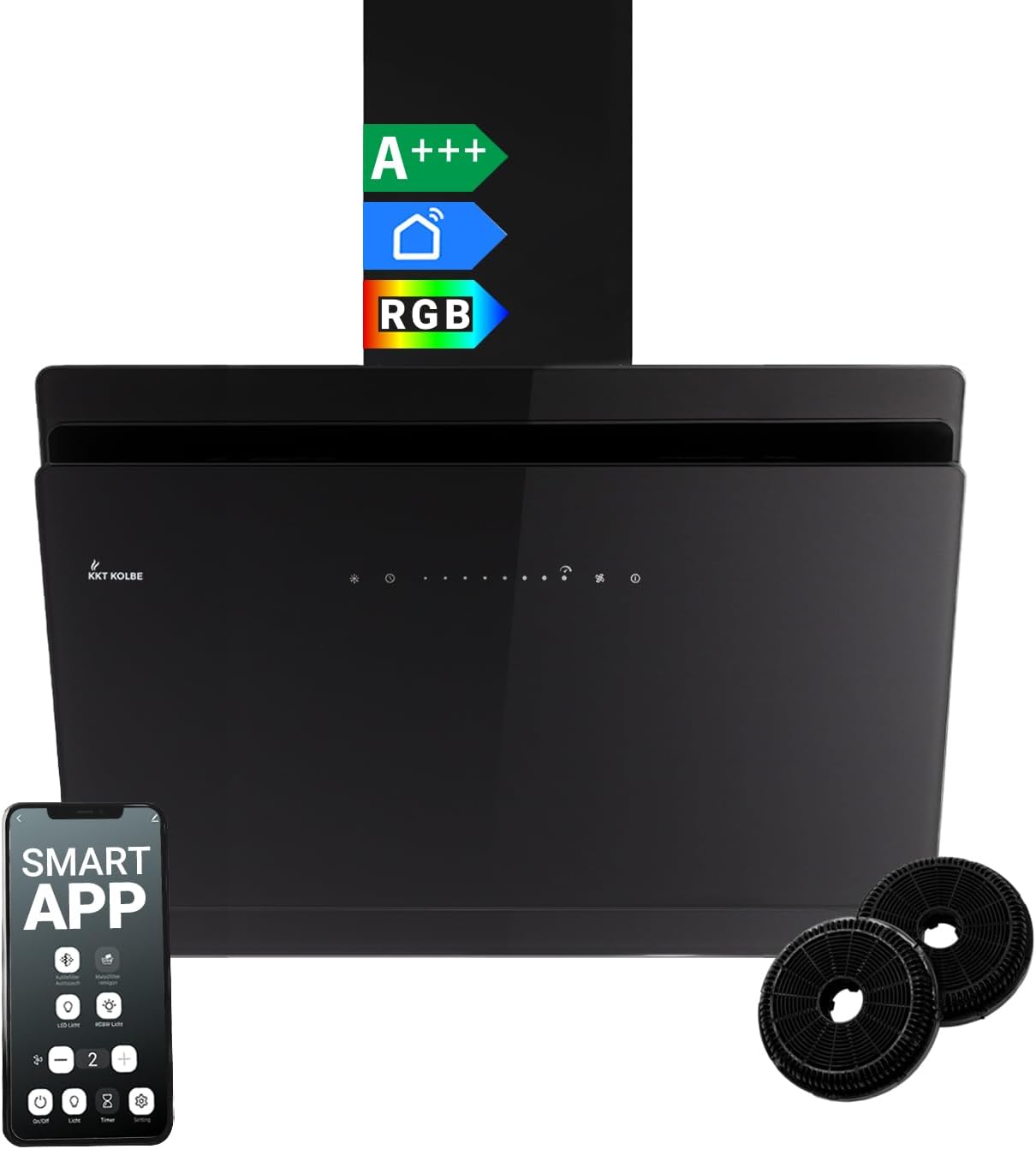 KKT KOLBE A+++ Cappa aspirante 80 cm 782 cbm/h, ricircolo, senza testa, cappa da parete | vetro nero | automatico | APP WiFi intelligente | SensorTouch | illuminazione LED RGBW |
