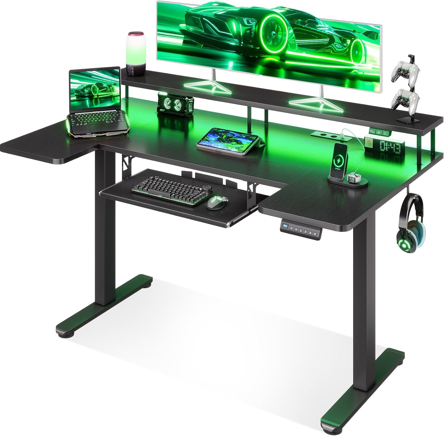 OffiGo U Forma Scrivania regolabile in altezza, 140 cm Scrivania Elettrica con Supporto per Monitor, Prese e Ricarica USB, Standing Desk con LED, Desk per Computer da Gaming e da Ufficio, Nera