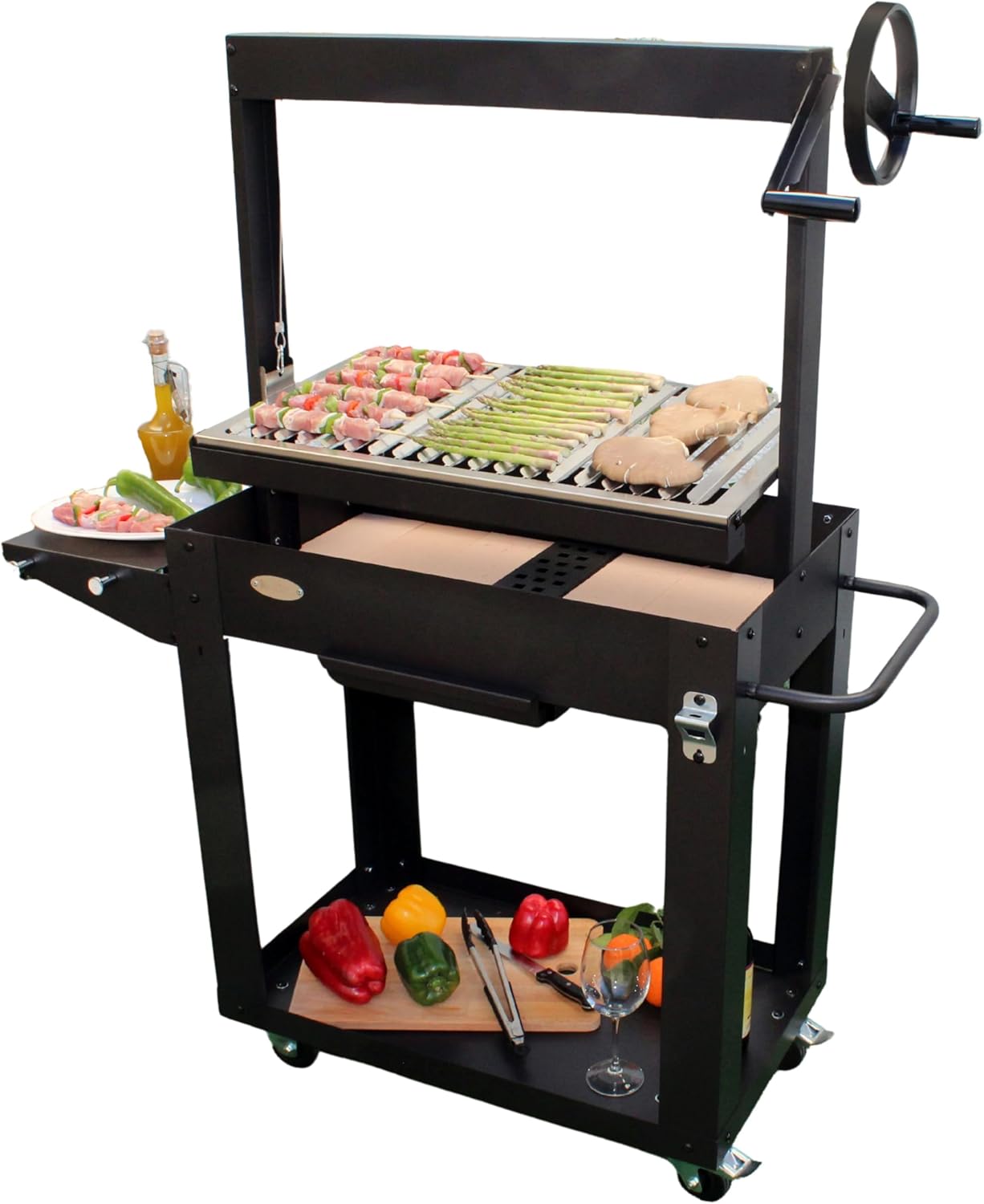 Barbecue a Legna Argentino XXL (72,5x41cm), +50% Spazio Cottura, Barbecue Carbonella XXL, Griglia BBQ con Sistema di Raccolta Grassi, Ruota in Alluminio - 100% Made in Italy