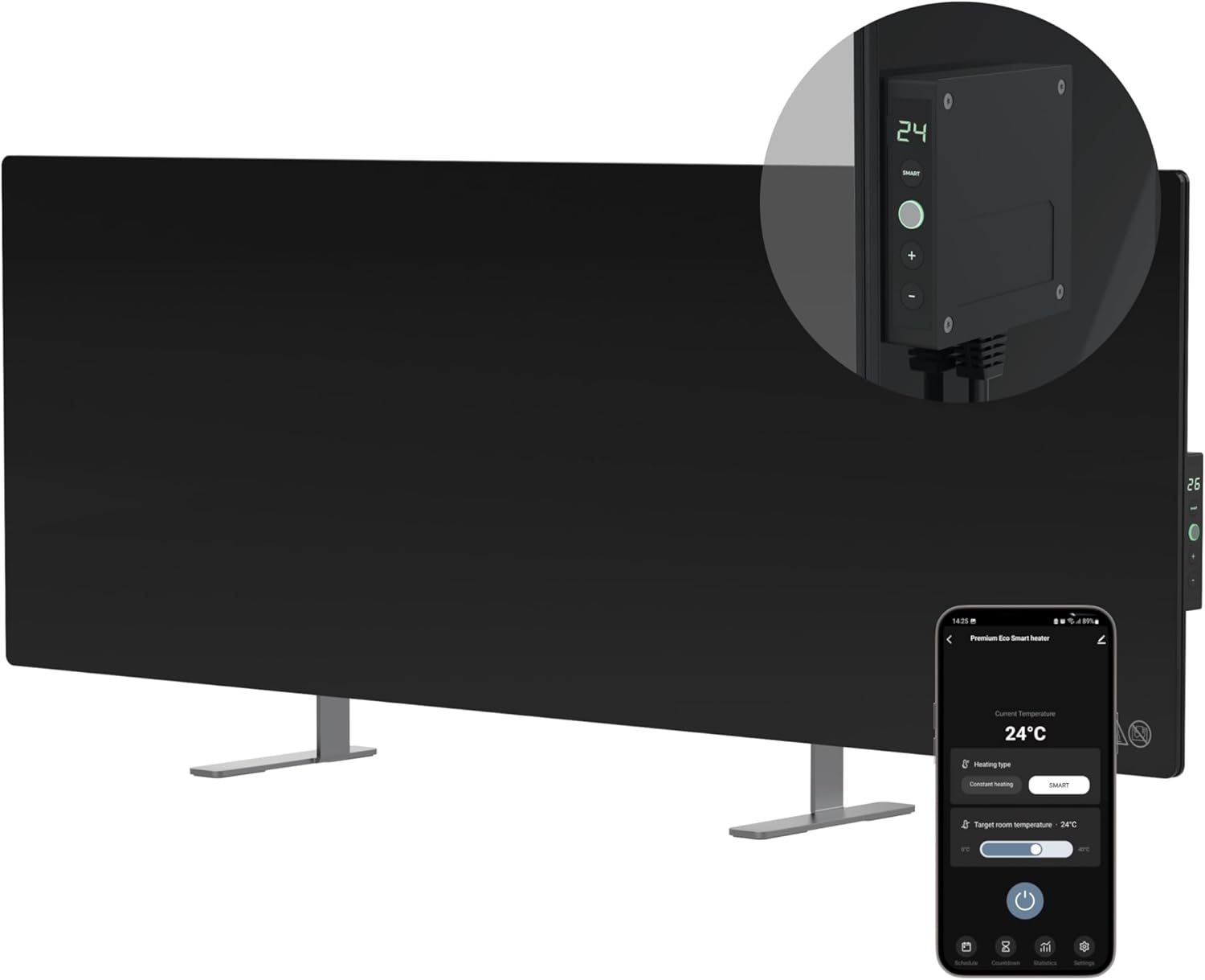 AENO Smart LED Stufa Elettrica Infrarossi, Risparmio Energetico Riscaldatore 700W, Montaggio a Parete e o Autoportante, Vincitore del Reddot 2023 Nero