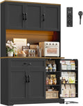 FirFurd 180.5 cm Mobile Cucina, Credenza Cucina Alta con Presa Integrata e Luce LED, Credenza con Porta Spezie, Ripiani Regolabili, Ampio Piano di Lavoro, 100.2x38.6x180.5 cm (Nero)