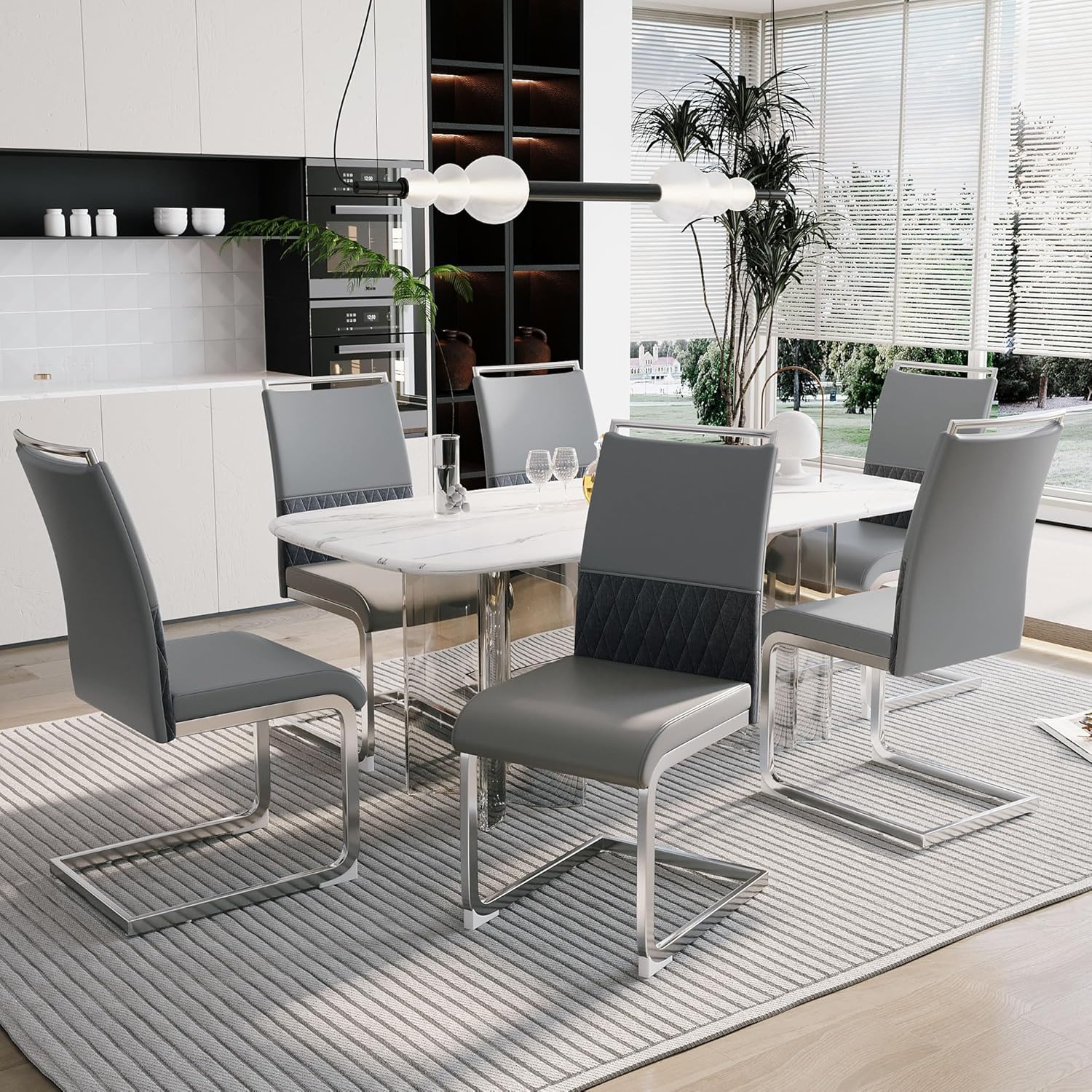 Set di sedie da pranzo moderne, schienale in similpelle PU e lino, schienale alto, imbottito, per cucina, con strisce trasversali, schienale per sala da pranzo, ospite, sedia da ufficio (6, grigio)