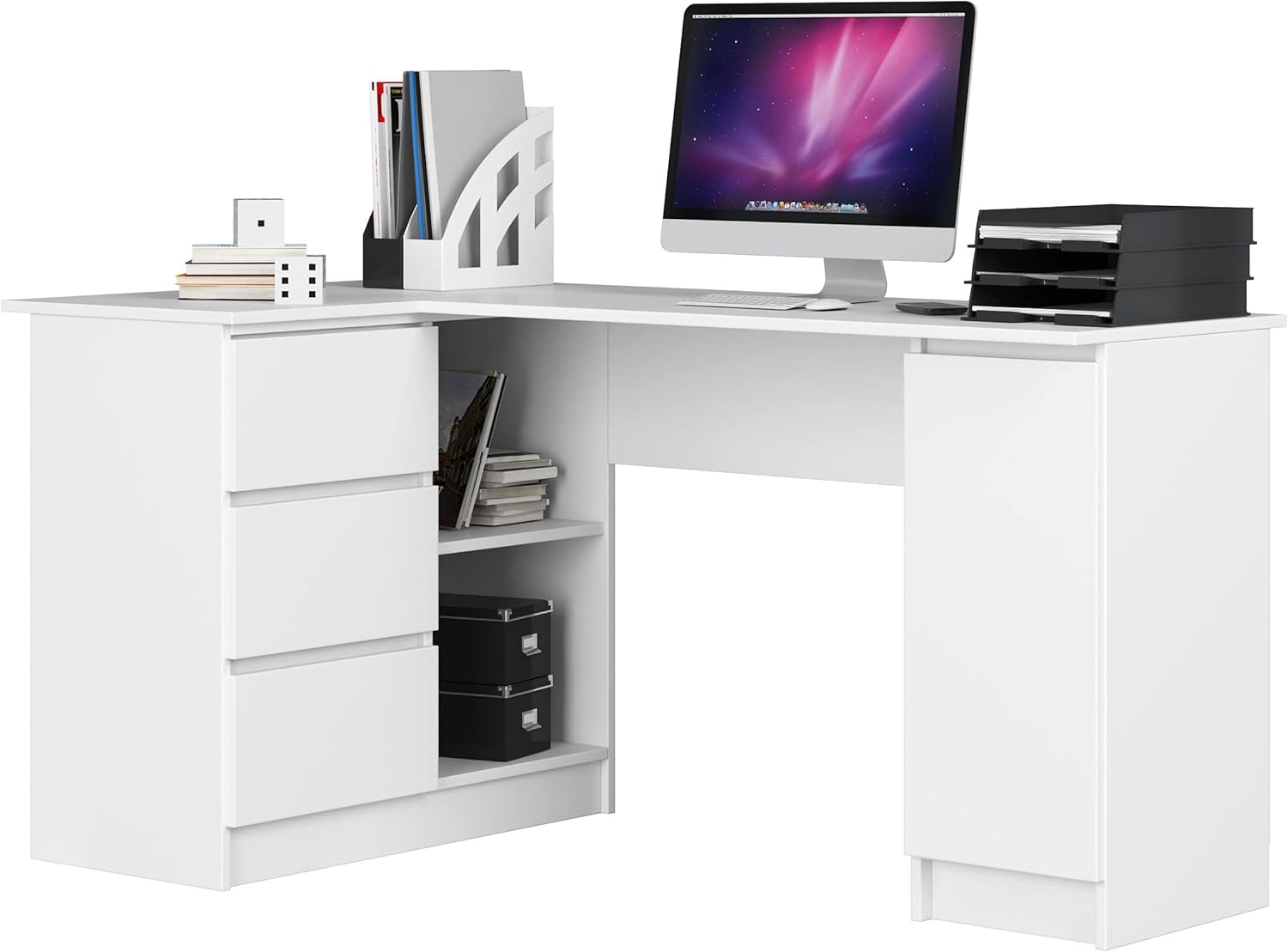 AKORD Scrivania ad Angolo B-20 | 3 cassetti, 2 Ripiani e uno con Anta | per l'ufficio in casa | 155x77x85 | 60 kg Bianco