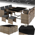 tectake Poly Rattan Conversation Set, Elegant Garden Furniture, 6 Outdoor Chairs, 1 Glass Table, 4 Stools, Ideal for Balcony, Garden and Terrace - Natural