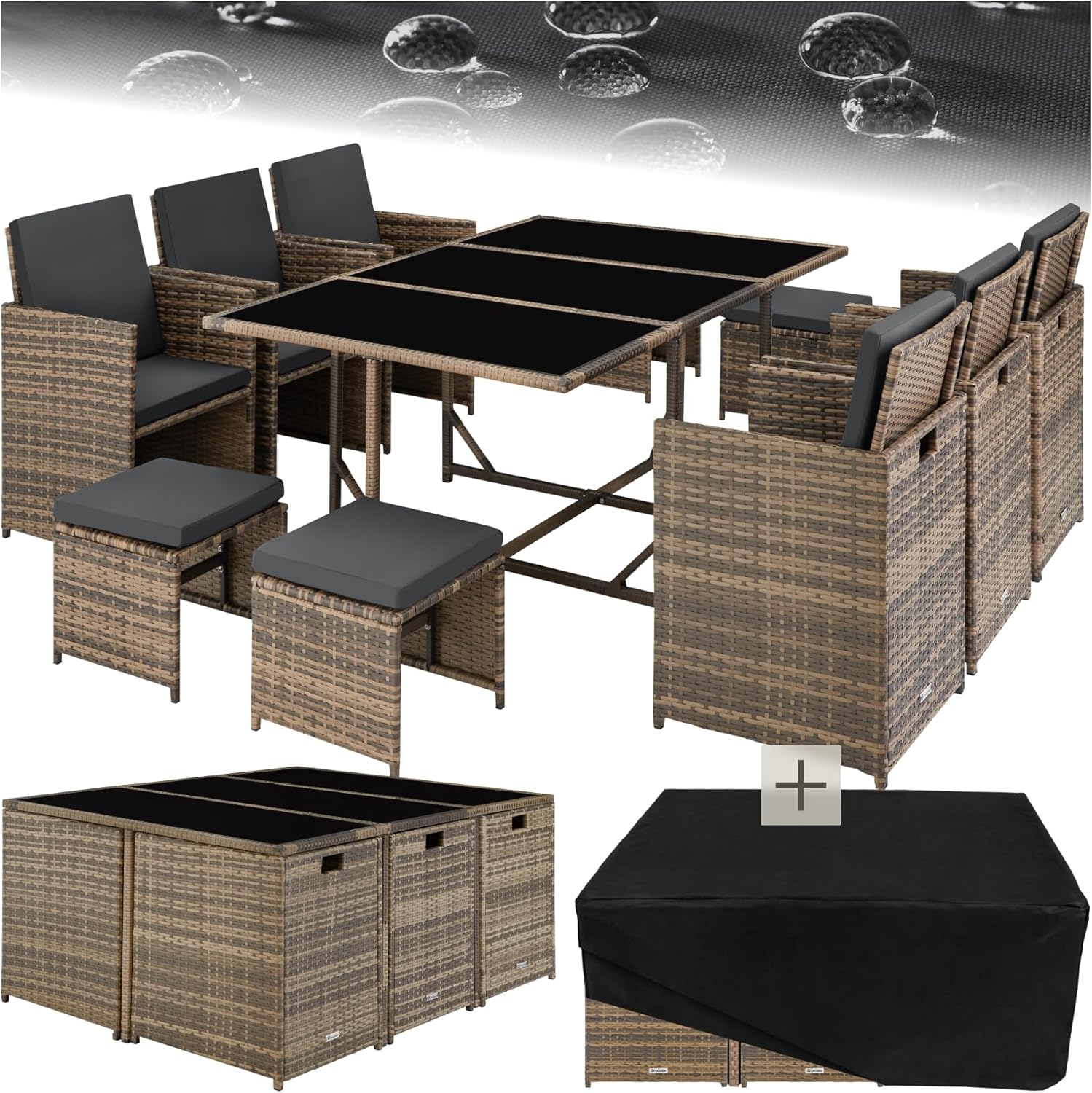 tectake Poly Rattan Conversation Set, Elegant Garden Furniture, 6 Outdoor Chairs, 1 Glass Table, 4 Stools, Ideal for Balcony, Garden and Terrace - Natural