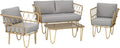 Outsunny Rattan 4-Piece Garden Living Room with 2 Seater Sofa, 2 Armchairs and Coffee Table with Glass Top Boho Style, Removable Cushions, Yellow