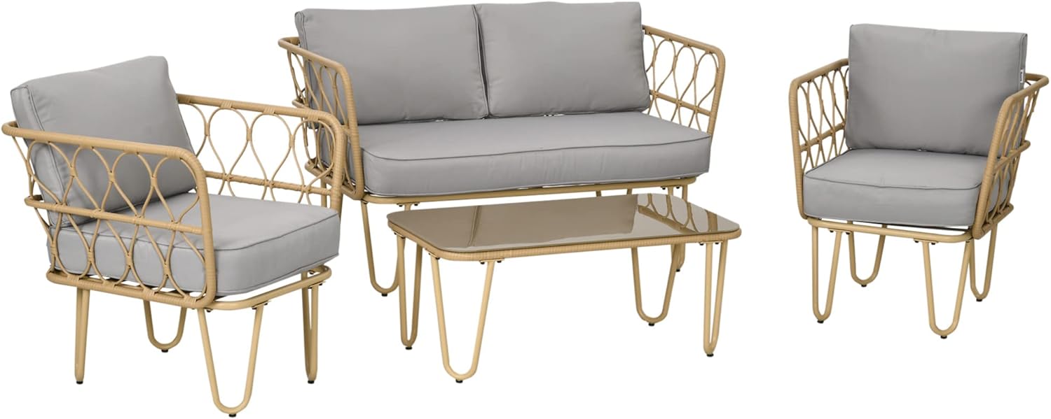 Outsunny Rattan 4-Piece Garden Living Room with 2 Seater Sofa, 2 Armchairs and Coffee Table with Glass Top Boho Style, Removable Cushions, Yellow