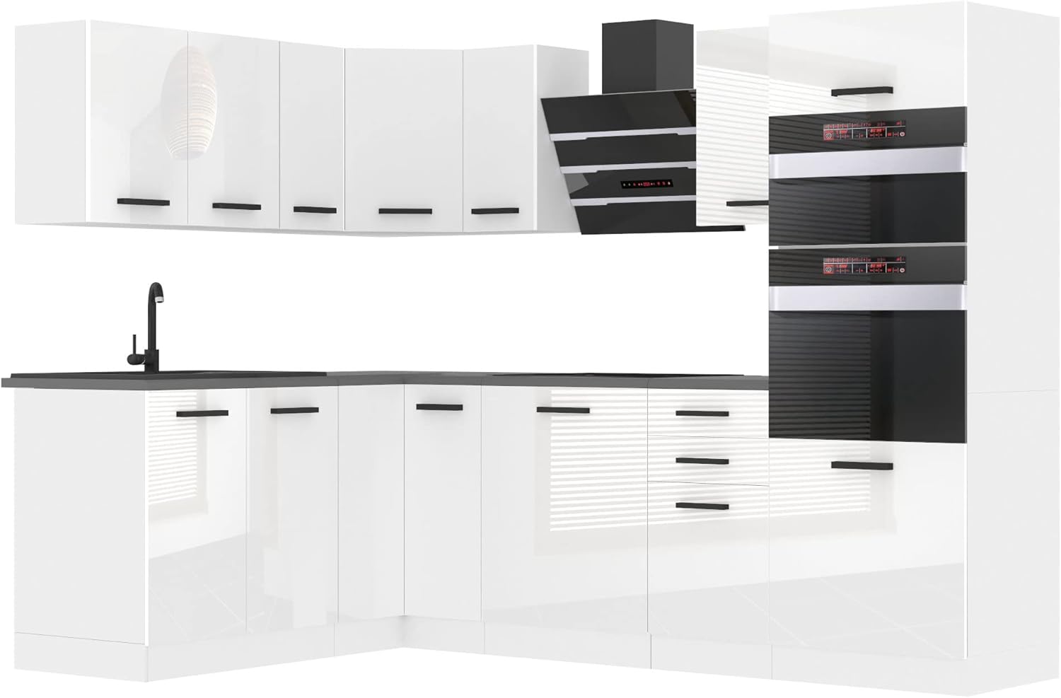 Belini Cucina Equipaggiata Melania - L-Forma Con Piano di Lavoro, Bianco Molto Brillante