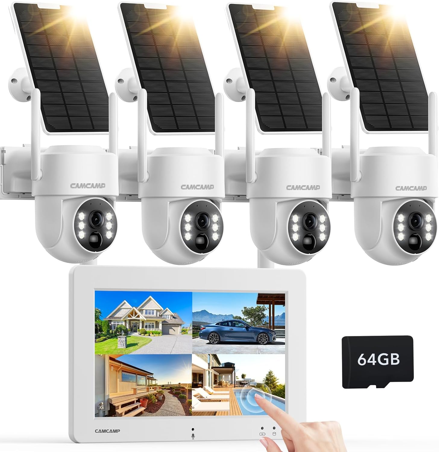 Camcamp Telecamera di sorveglianza esterna a energia solare con monitor, 4 MP, 4 pezzi, per esterni, con scheda SD da 64 GB, schermo touch NVR, visione notturna a colori, monitoraggio del movimento