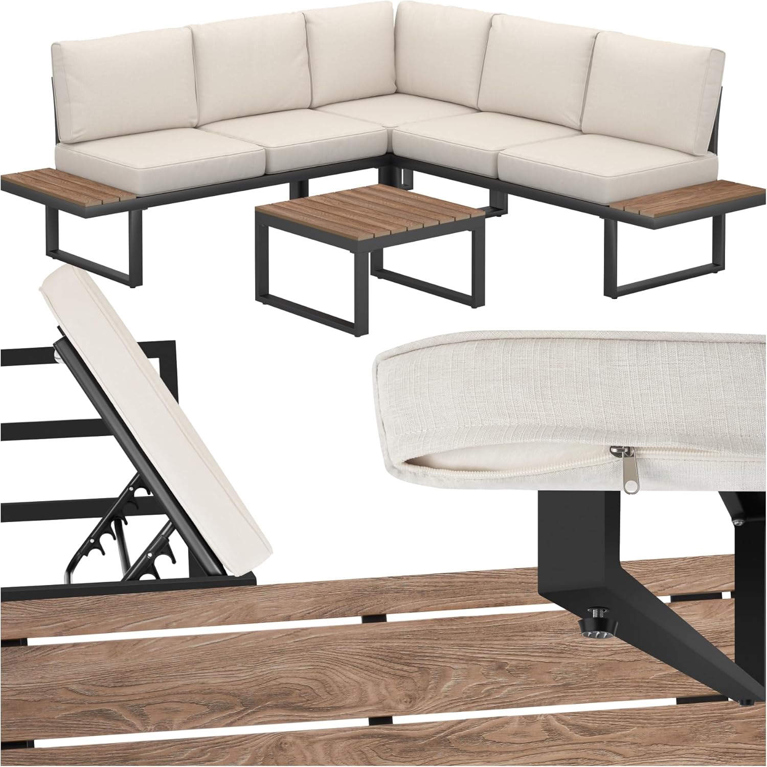 tectake Set of 4 Garden Sitting Rooms, 1 Coffee Table, 2 Sofas, 1 Corner Sofa, Stainless Aluminium Frame, Water-Repellent Padded Cushions, Adjustable Backrest – Black