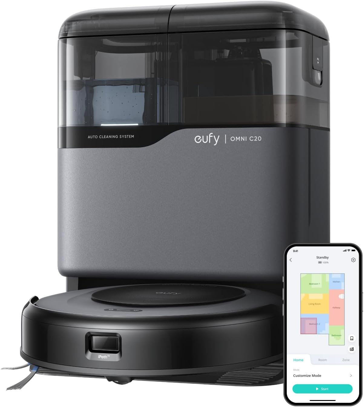eufy robot aspirapolvere lavapavimenti con mappatura Omni C20 con stazione tutto in uno, svuotamento auto, lavaggio e asciugatura auto, 8,5 cm, design ultra piatto, 7.000 Pa, potente aspirapolvere