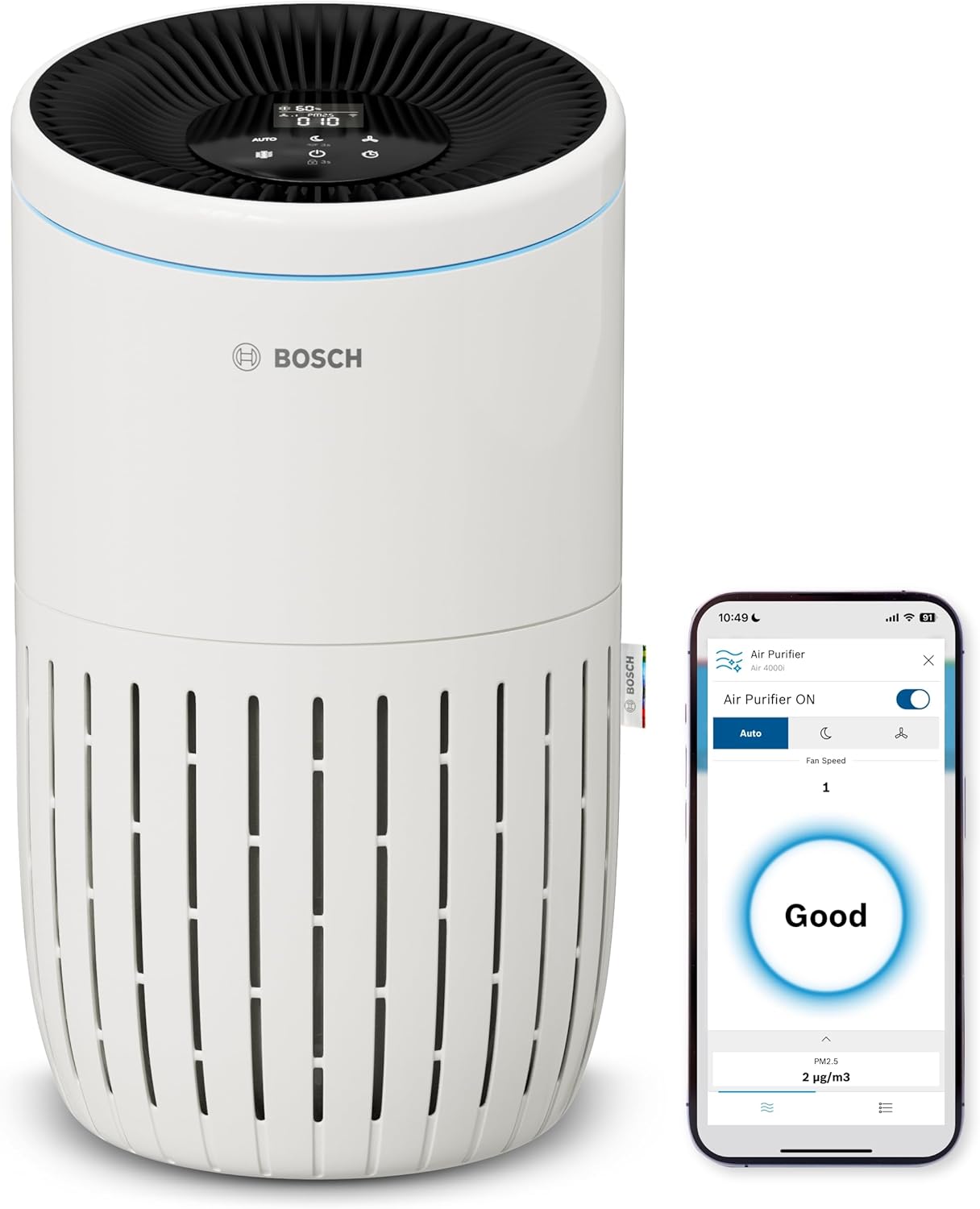 Bosch Air 4000i - Purificatore d'aria intelligente - Copre 62,5 m² - Filtra efficacemente oltre il 99% degli inquinanti - Modalità Auto/Sleep (< 25 dB(A)) - CADR: 300 m³/h - Connettività display e app